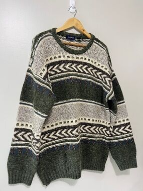 GANT Crewneck Fisherman Sweater Olive & Cream Patterned Wool Blend Men's Large